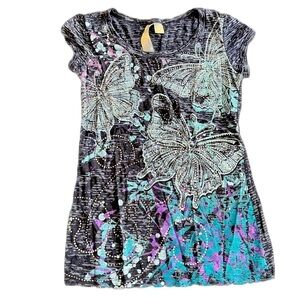 Fresh Brewed Size Large Embellished Butterfly Short Sleeve Tee Boho